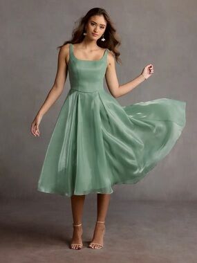 Azazie Stefanie Sage Green Square-Neck Midi Dress